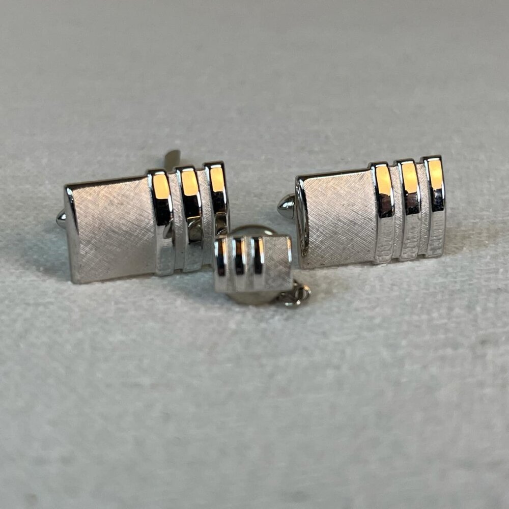 Vintage SWANK Silver Tone Cuff Link Tie Tac Set Classic Formal Wedding Hipster